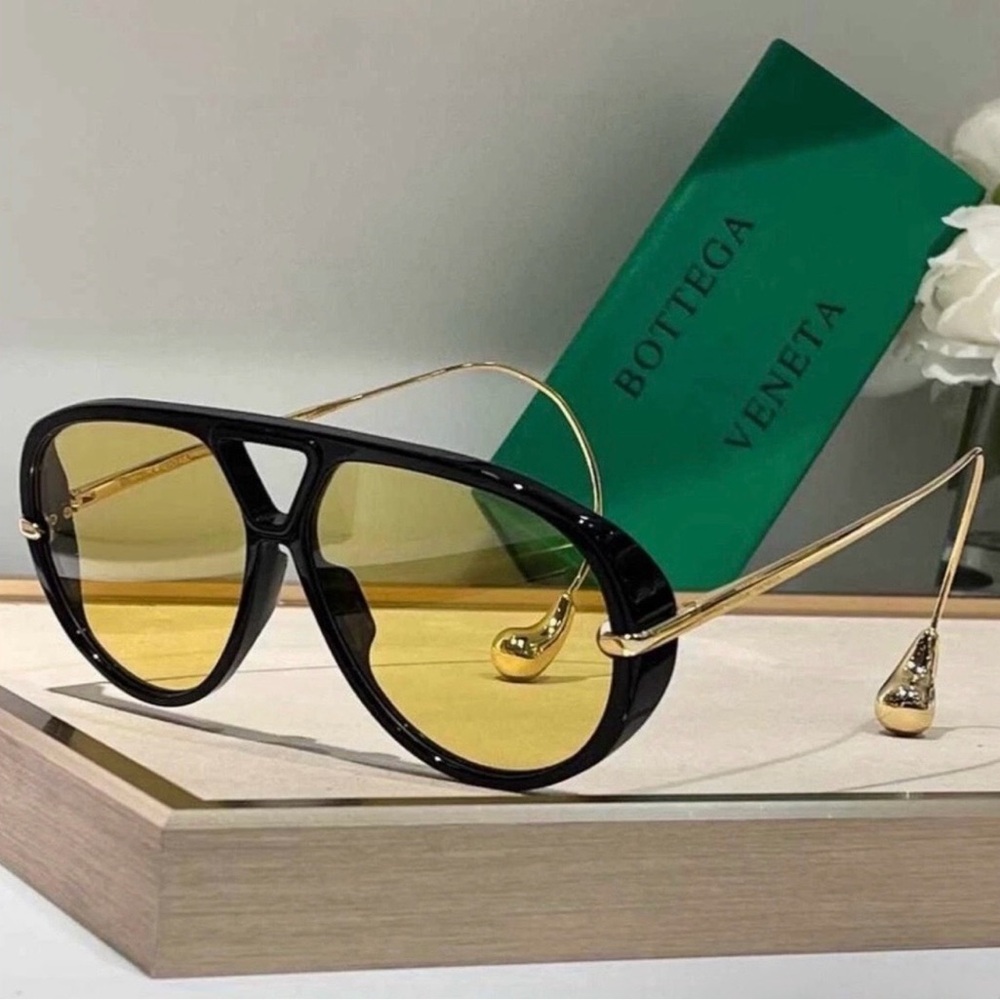 Bottega Veneta Black and Gold Aviator Sunglasses